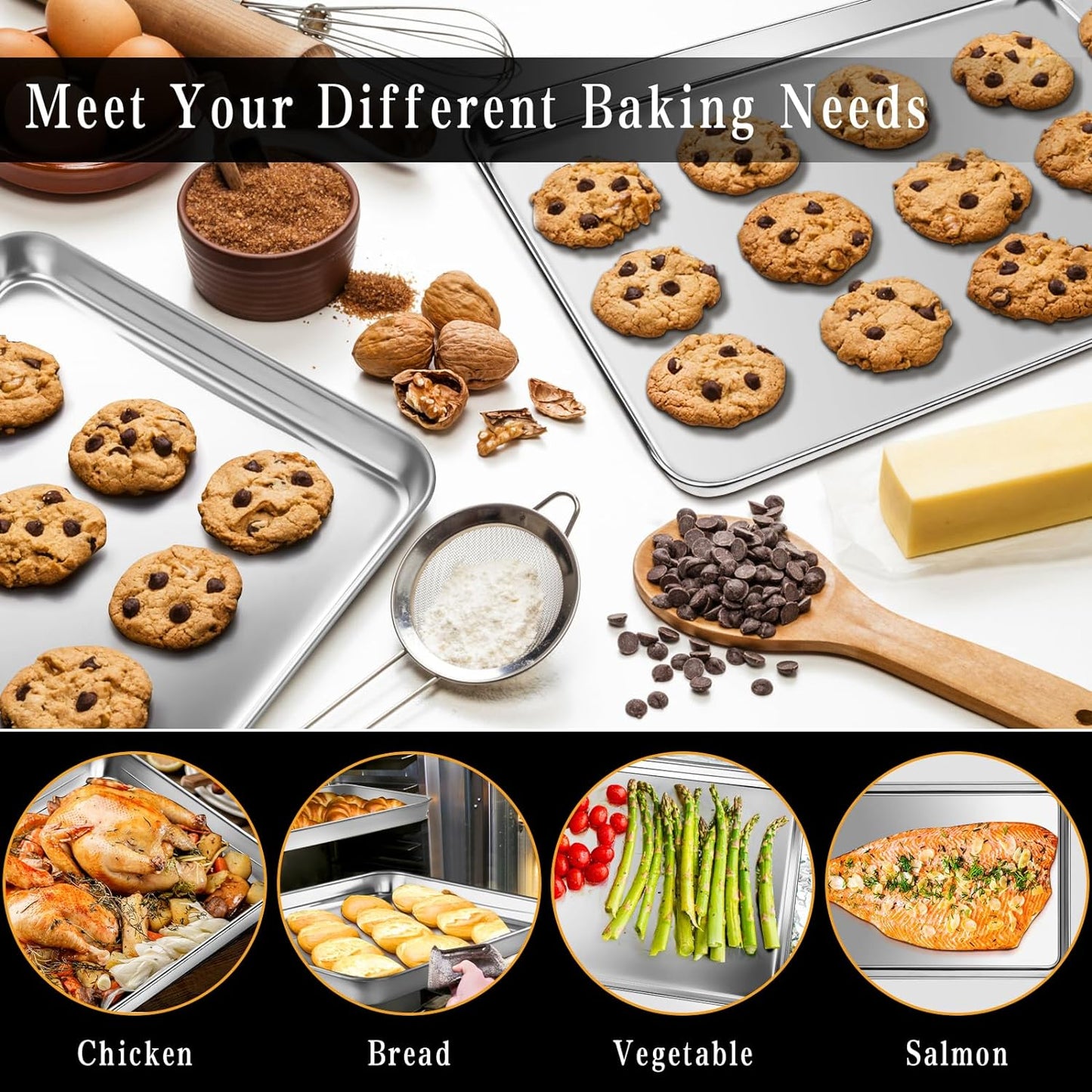 Stainless Steel Baking Sheet Set, 2 Pcs Cookie Sheet Pan Baking Trays for Oven, Non Stick and Heavy Duty and Easy Clean, 9.3 x 6.9 x 1 Inch