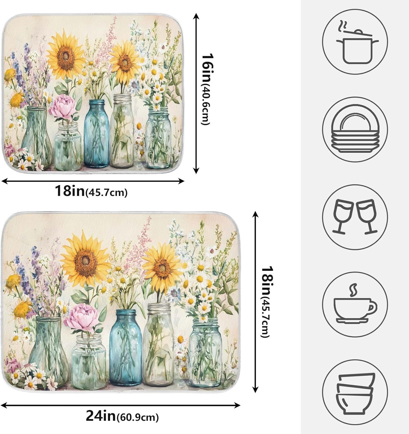 Spring Summer Floral Jars Flowers Dish Drying Mat for Kitchen Counter Absorbent Microfiber Small Drying Pad Dish mats for Kitchen Countertops 16 x 18 Inch
