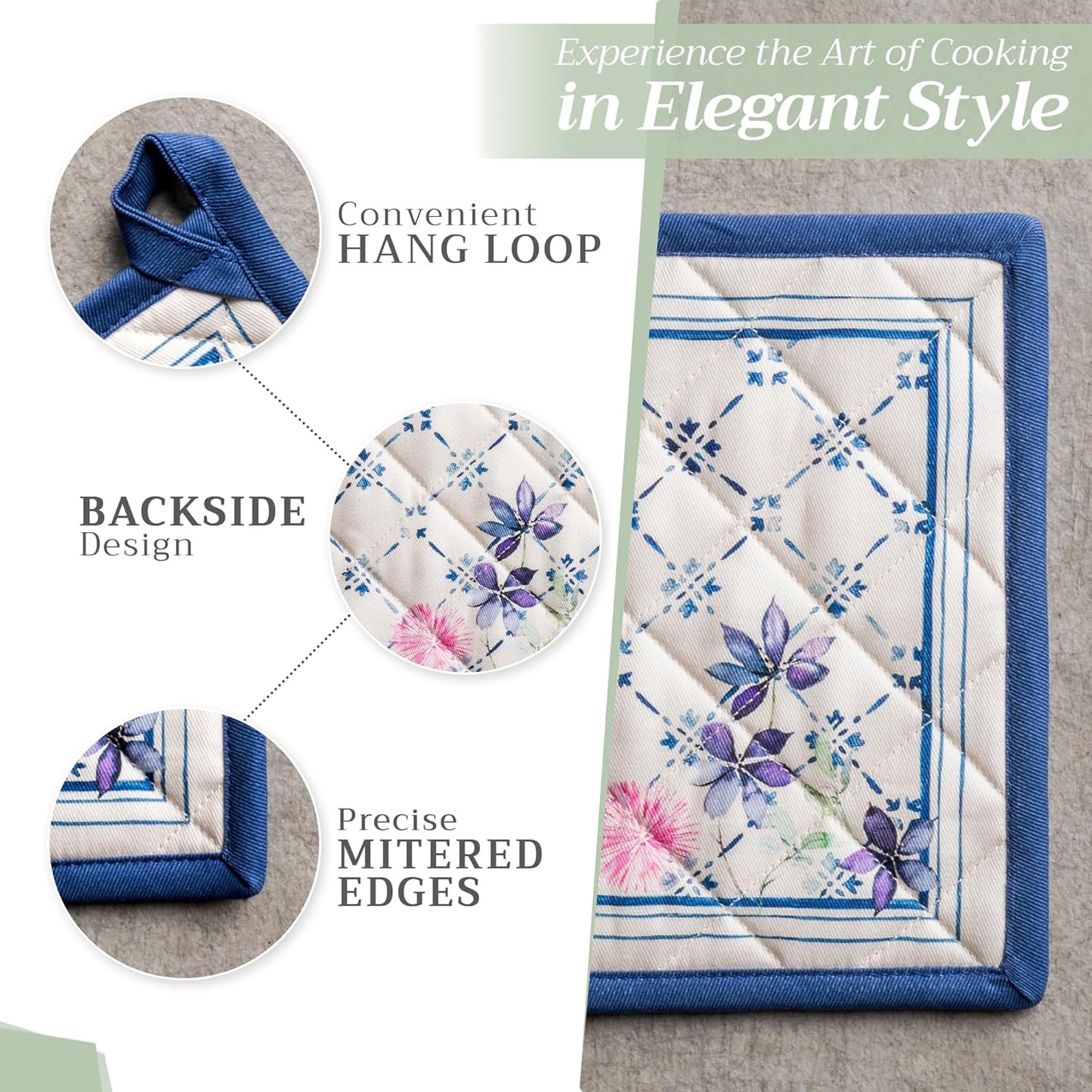 Maison d' Hermine 100% Cotton Oven Mitt & Pot Holder Set (7.5"x13" & 8"x8") Heat Resistant BBQ Cooking Gloves with Loop, Baking, Grilling, Kitchen, Handling Hot Pans Spring/Summer (Faience)