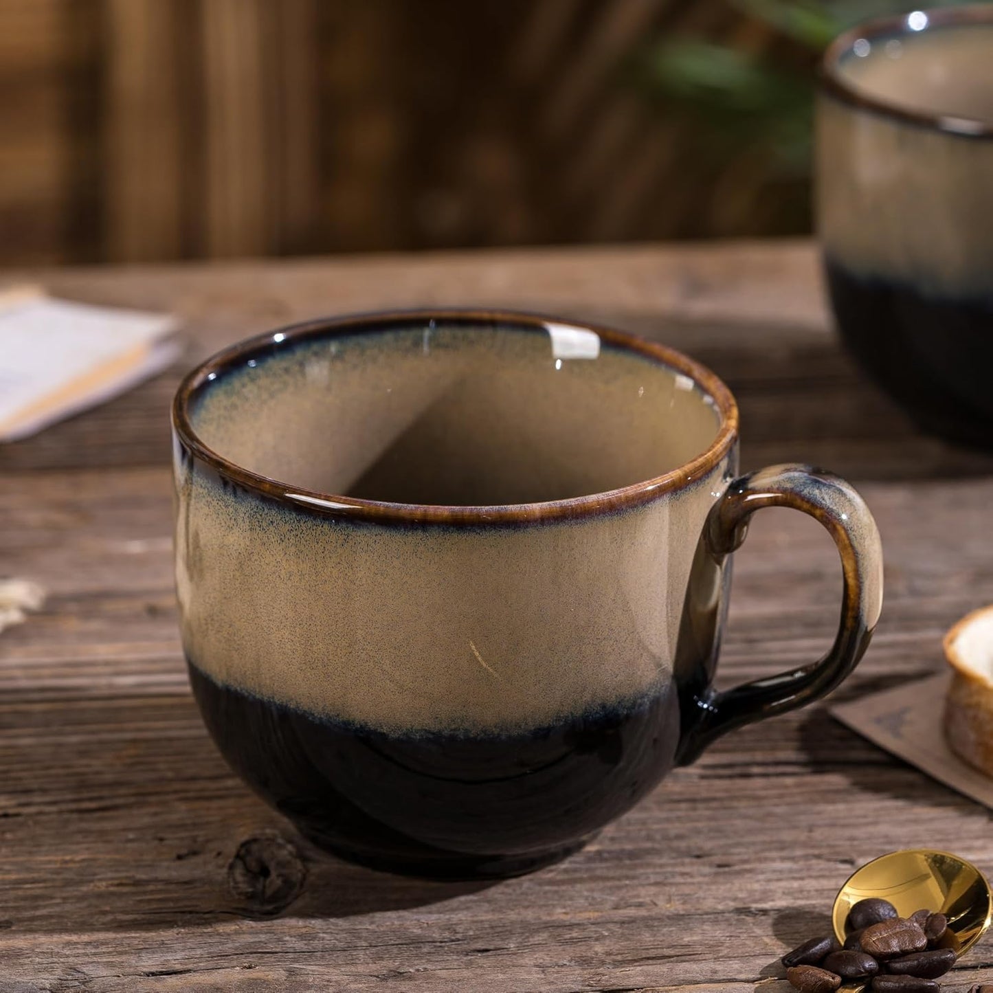 Ceramic Coffee Mug Set of 4 with Spoon, 15 oz Large Cups With Big Handle for Coffee Tea, Microwave Dishwasher Safe, Unique Gift for Men Women, Housewarming Wedding Gift(Brown)