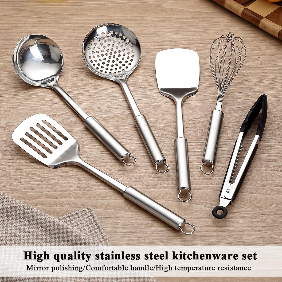 Stainless Steel Cooking Utensils Set 6 Pieces, Kitchen Tools Set Include Metal Spatula Set, Skimmer, Ladle, Tong, Whisk, Kitchen Gadgets Essentials New Home Must Have