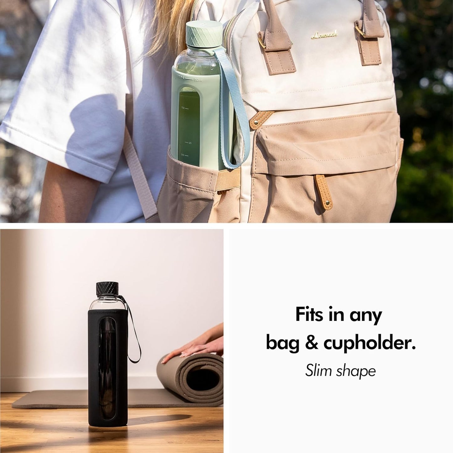 KIVY Glass Water Bottle with Silicone Sleeve 32 oz [WITH MEASUREMENT] - Borosilicate Glass Water Bottle Screw Top - Black Waterbottle Aesthetic - Clear Bottles with Measurement Marking