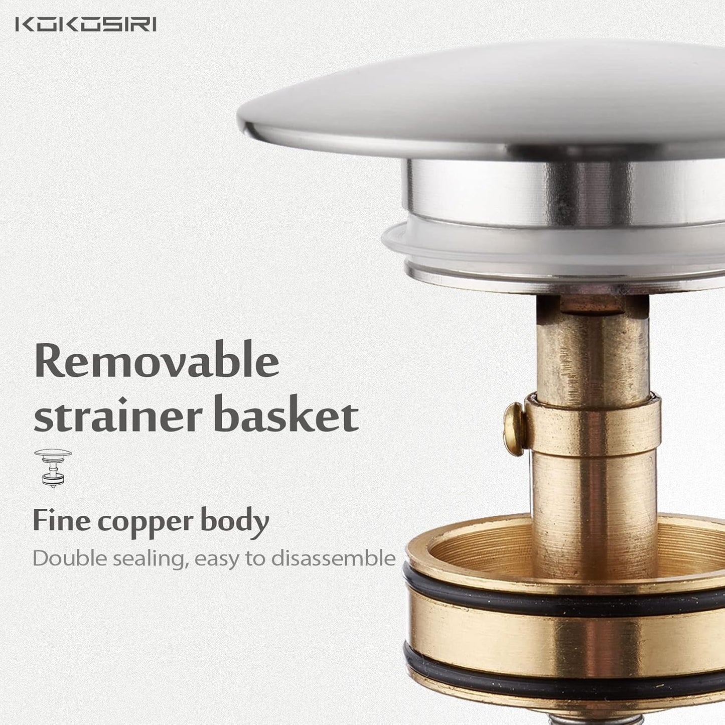 KOKOSIRI Pop Up Sink Drain with Strainer Basket, Brushed Nickel Bathroom Sink Drain with Detachable Hair Catcher Anti Clogging for Vanity Vessel Sink Without Overflow, C1002BR