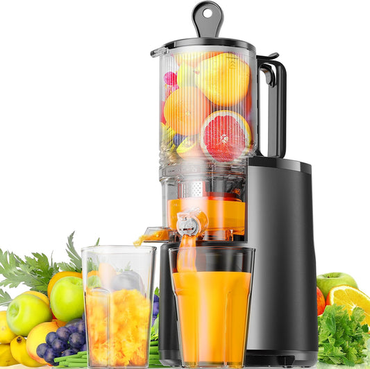 Cold Press Juicer, EUHOMY 5.5" Extra Large Feed Chute Slow Masticating Juicer, 250W Juicer Machines, 99.6% High Juice Yield, Easy to clean, Reverse Function, for Whole Vegetables & Fruits. Black