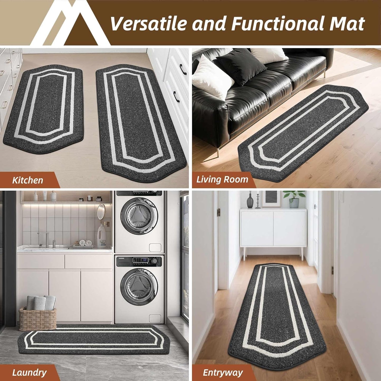 COSY HOMEER Kitchen Rugs and Mats 24"x48" Non Slip Kitchen Mats for Floor Washable Kitchen Runner Rug Stain Resistant Standing Mat for Kitchen,Sink,Polypropylene,Black