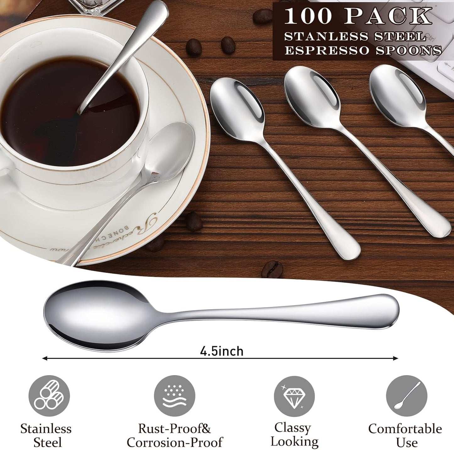100 Pcs Demitasse Espresso Spoons Stainless Steel Bulk, 4.33'' Small Mini Coffee Tasting Dessert Spoons for Kitchen Dessert, Tea, Appetizer, 1.18'' Wide(Classic Style,Silver)
