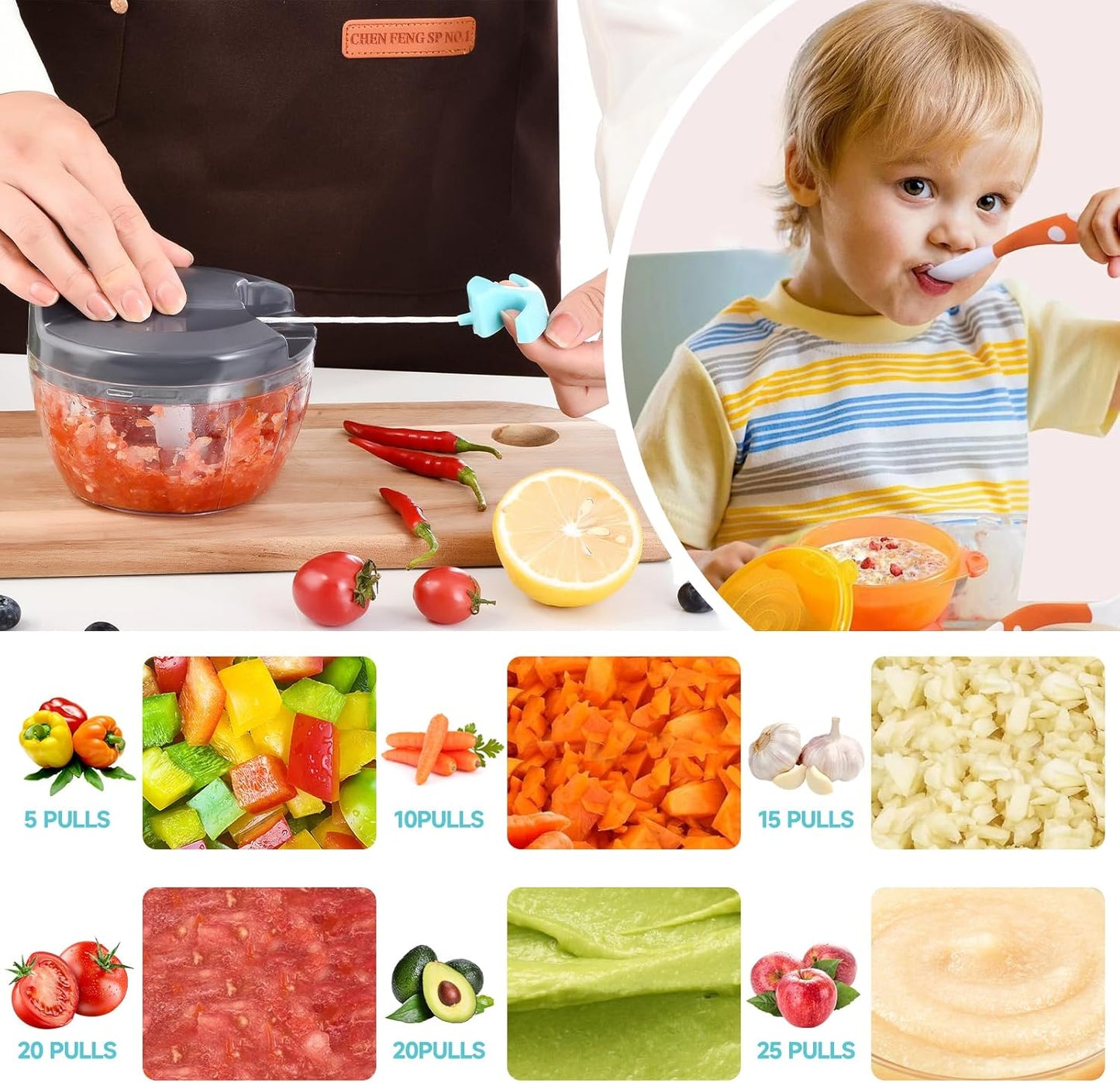 Manual Food Processor Vegetable Chopper, Portable Hand Pull String Garlic Mincer Onion Cutter for Veggies, Ginger, Fruits, Nuts, Herbs, etc., 500ml,（Gray-blue）