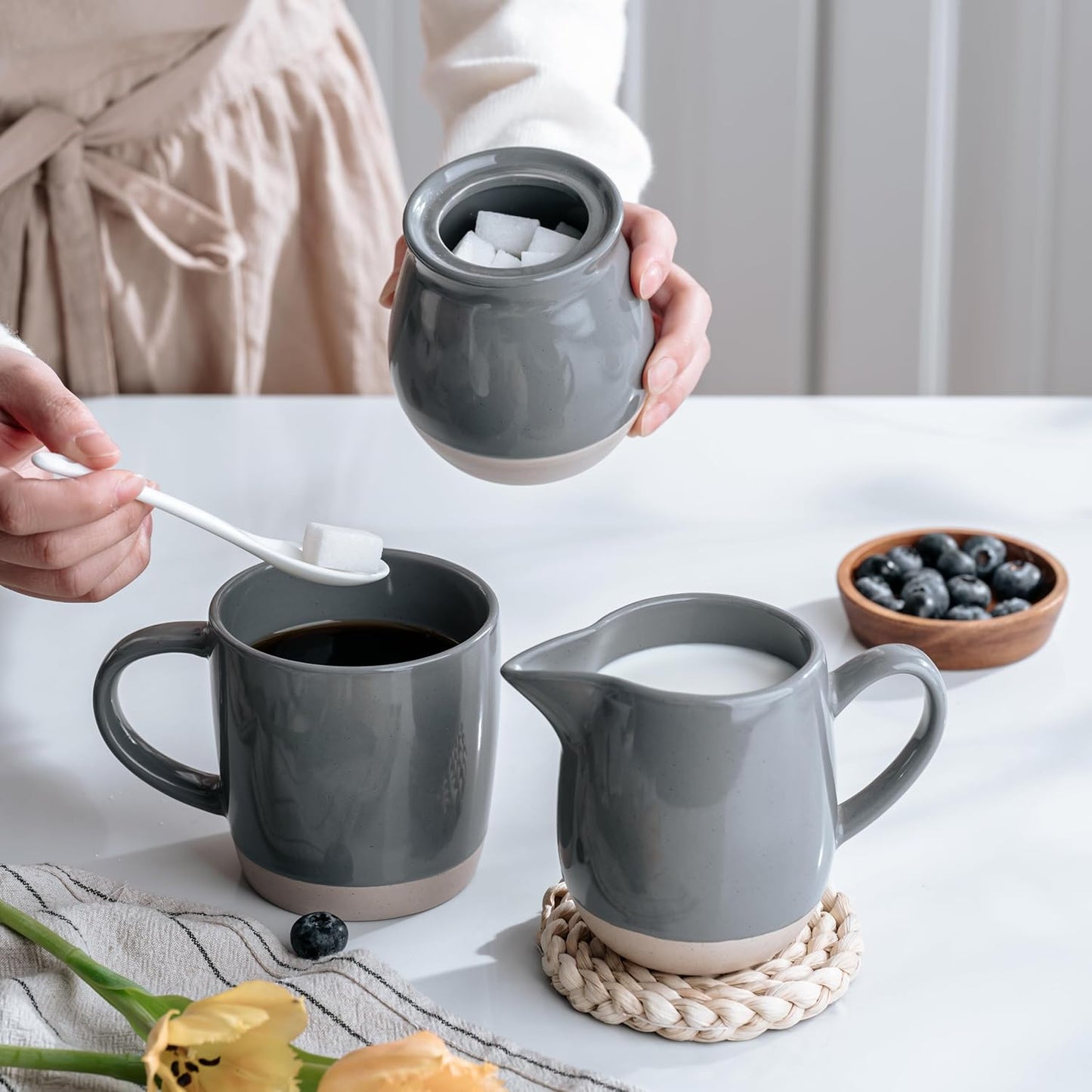 famiware Milkyway Ceramic Sugar and Creamer Set, 10oz Sugar Bowl & 13oz Creamer Set – Stoneware Milk Pitcher & Sugar Dispenser for Coffee Bar, Kitchen, or Countertop, Coffee Serving Set, Dark Gray