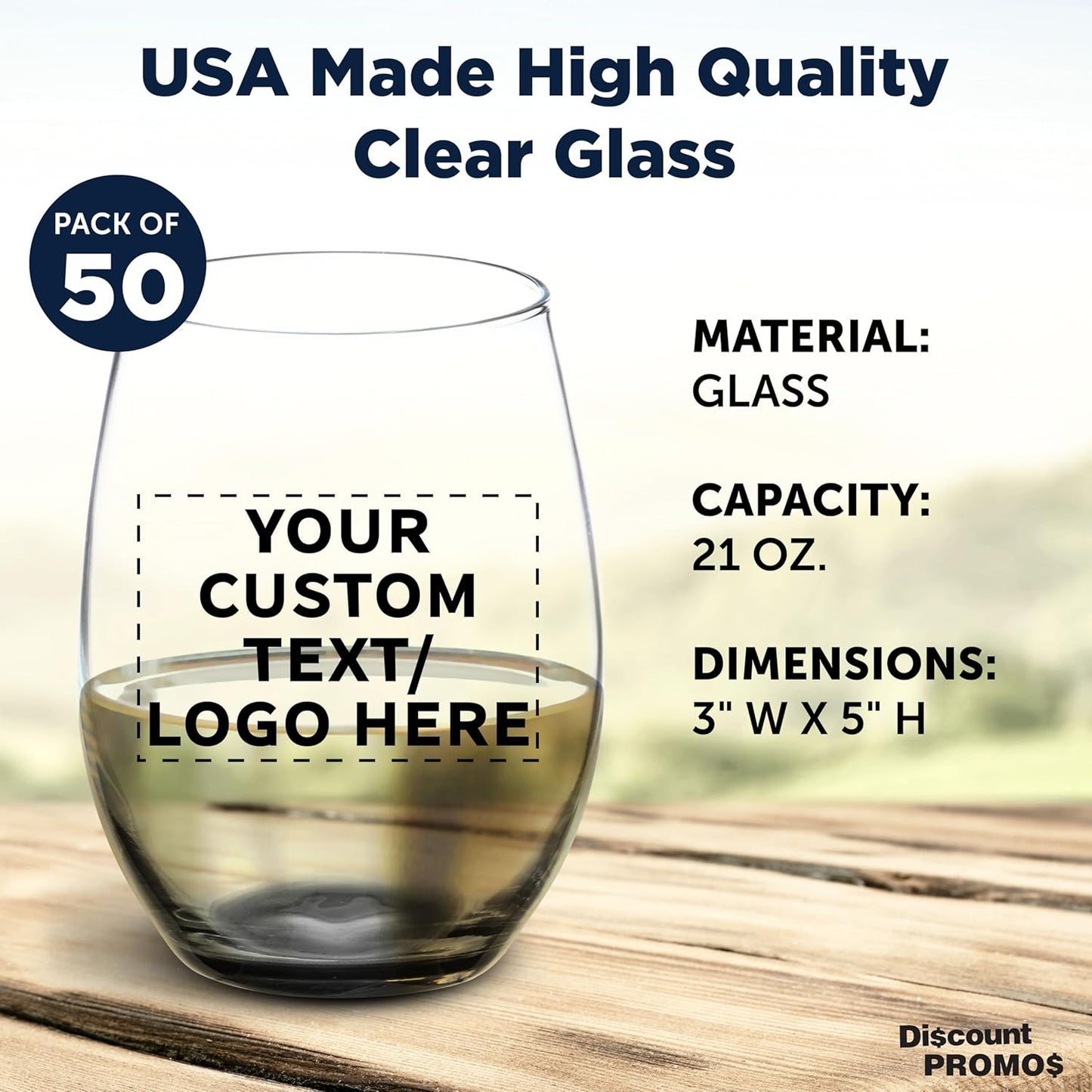 DISCOUNT PROMOS 50 ARC Stemless Wine Glasses Set, 21 oz. - Customizable Text, Logo - Chardonnay, Cabernet, Merlot, Sauvignon - Black