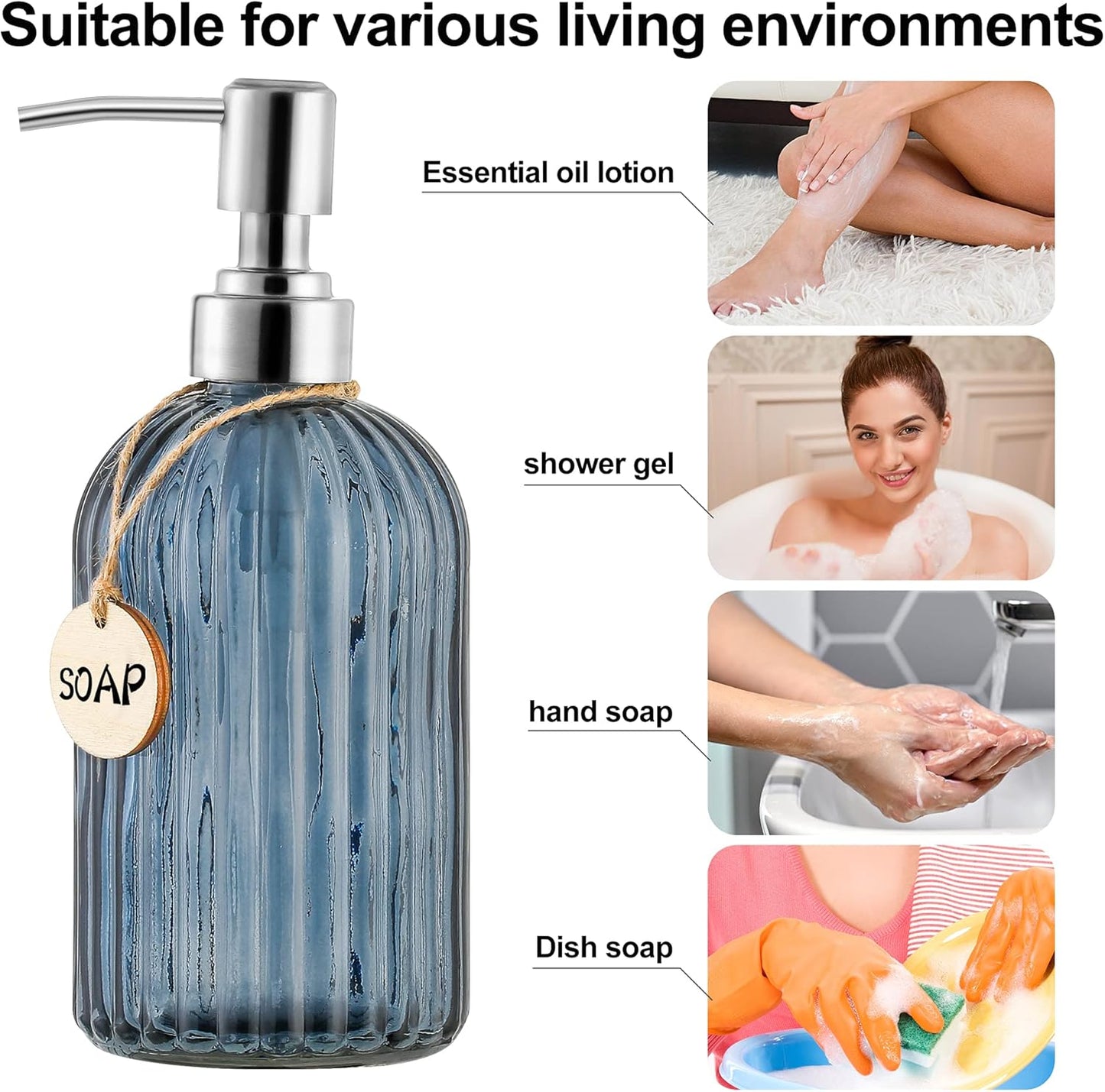 16 OZ Soap Dispenser，Tempered Glass Clear Vertical Stripe with 304 Rust Proof Stainless Steel Pump Refillable Liquid Hand Soap Dispenser，for Bathroom, Kitchen, Dish Soap，Lotion (Blue Grey)