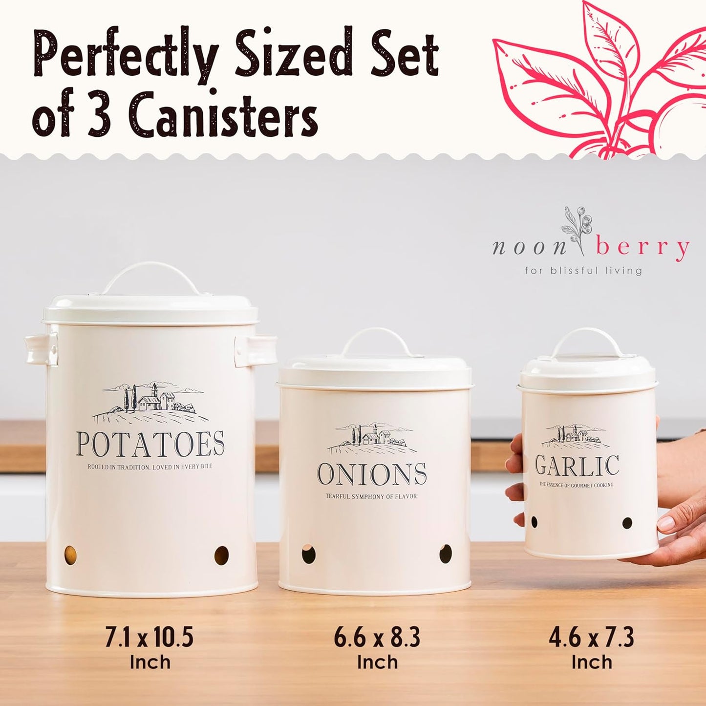 Potato and Onion Storage Bin Set – 3 Metal Farmhouse Canisters with Ventilation Holes – Rustic Kitchen Organizer for Garlic, Onion, and Potato Storage – Countertop or Pantry Use