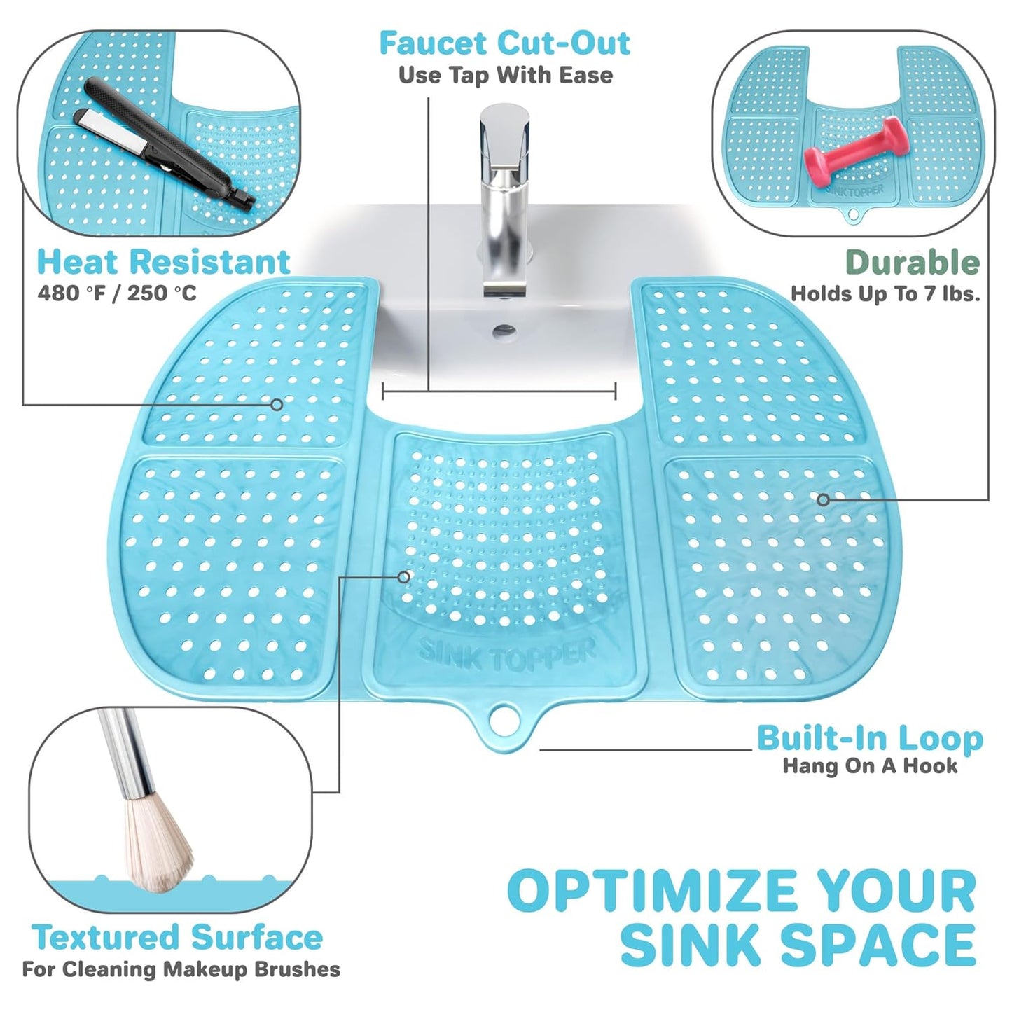 Sink Topper Bathroom Counter Cover & Storage Saver, Foldable Silicone Mat for Hot Tools, Hair Styling & Makeup, Beauty Brush Cleaning Mat, RV Camper Sink Cover & for Small Spaces (Large Pacific Blue)