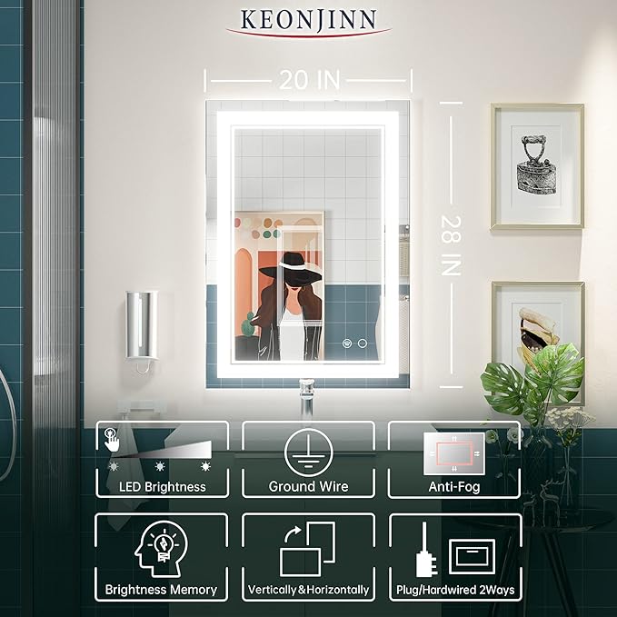Keonjinn 20 x 28 Inch LED Mirror Bathroom 6000K(Horizontal or