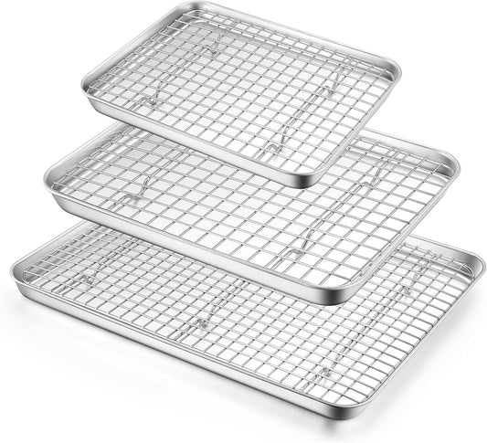 TeamFar Baking Sheet with Rack Set (3 Pans + 3 Racks), Stainless Steel Baking Pan Cookie Sheet with Cooling Rack, Non Toxic & Heavy Duty, Easy Clean & Dishwasher Safe