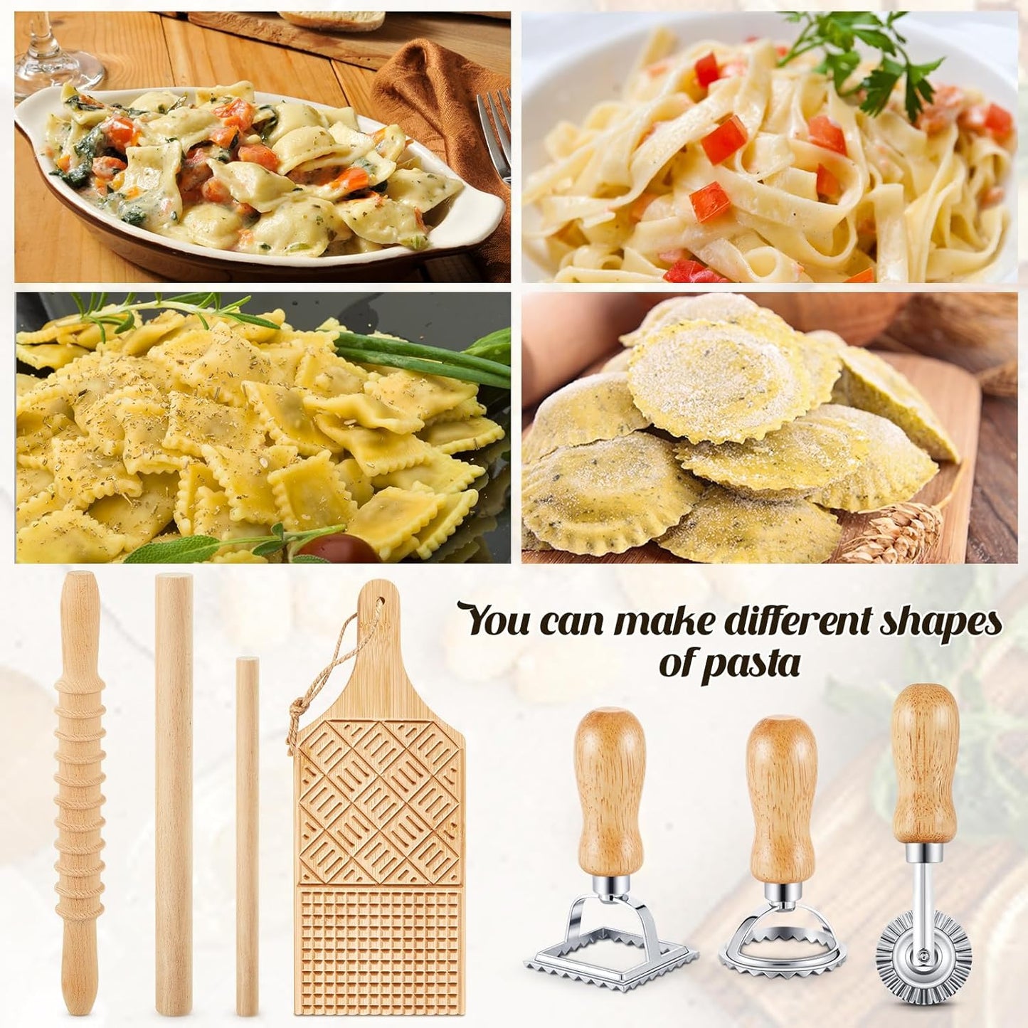 Tioncy 7 Pcs Gnocchi Pasta Making Tool, Wood Gnocchi Board with Ravioli Stamp and Rolling Pin Set Homemade Kitchen Gift for Baking Lovers(Plaid and Stripe Style)
