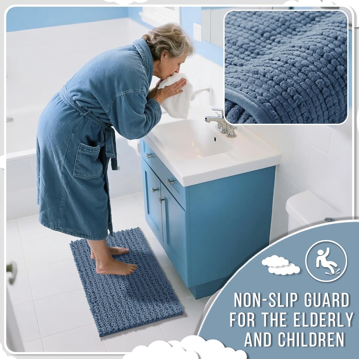 Yimobra Bathroom Runner Rug 70x24 Inch - Extra Long Non Slip Chenille Bath Mat, Soft & Absorbent, Machine Washable Shaggy Hallway Carpet for Vanity Tub Shower, Denim Blue Home Decor Accessories