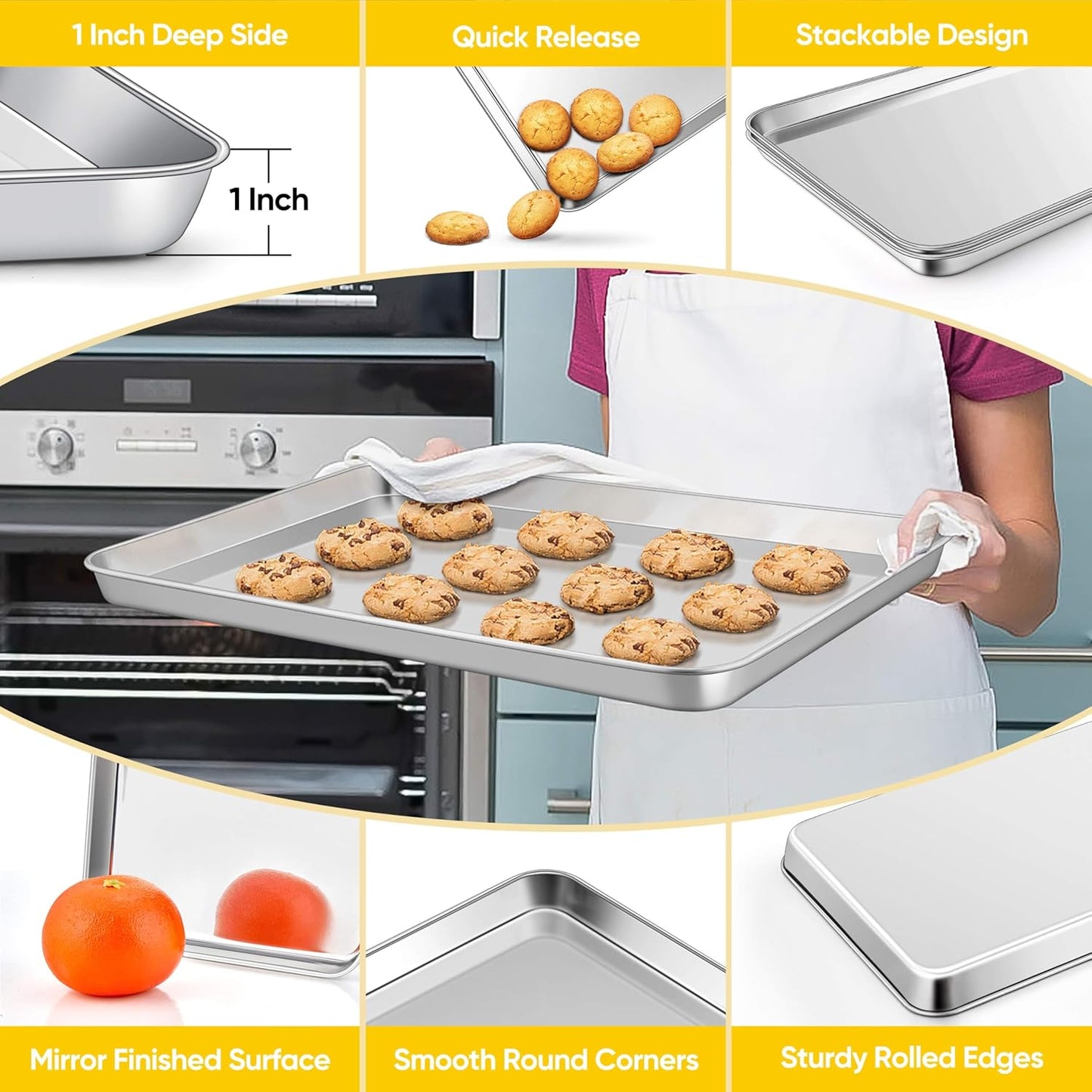 Homikit 2 Pack Baking Sheet, 18” x 13” Stainless Steel Large Cookie Pan Set for Oven, Heavy Duty Metal Half Sheet Baking Tray for Roasting Cooking, Nonstick & Rust Free, Dishwasher Safe