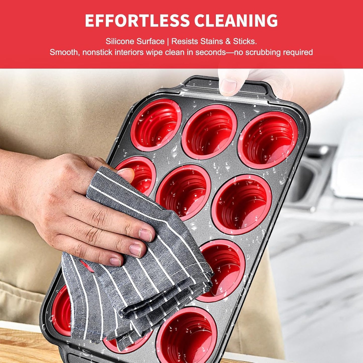 Silicone Muffin Pan with Metal Frame, Egg Bite Maker Silicone Molds for Baking, Cupcake Pans 12 Regular Size, Muffin Tins Easy to Pop Nonstick Bakeware for Oven (Red)