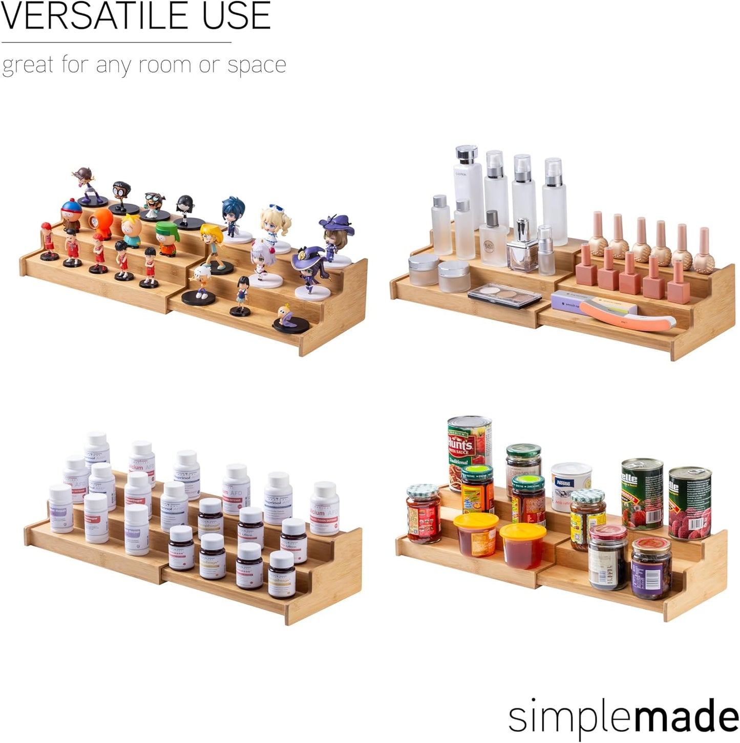 SIMPLEMADE 3-Tier Spice Rack Organizer - Versatile Storage Shelf for Kitchen, Bathroom, Bedroom & Office, Set of 1, Expandable Bamboo