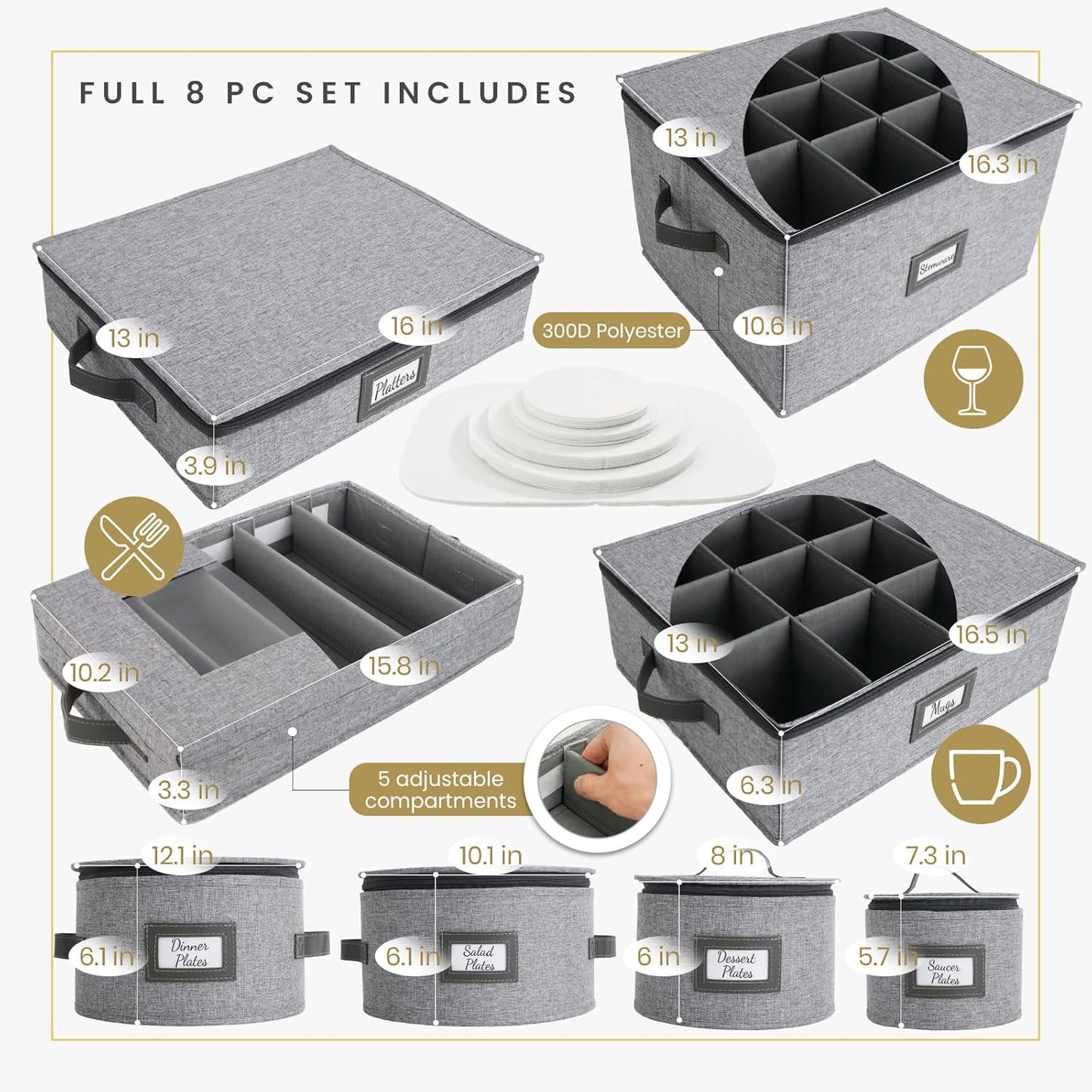 HOMELUX THEORY Hard Shell China Storage Containers, 5pc Light Gray Mug & Plate Storage Box, Kitchen Storage Bins With Lids, Heavy Duty Moving Box with Handles for Glassware, Stemware, Cup & Mug