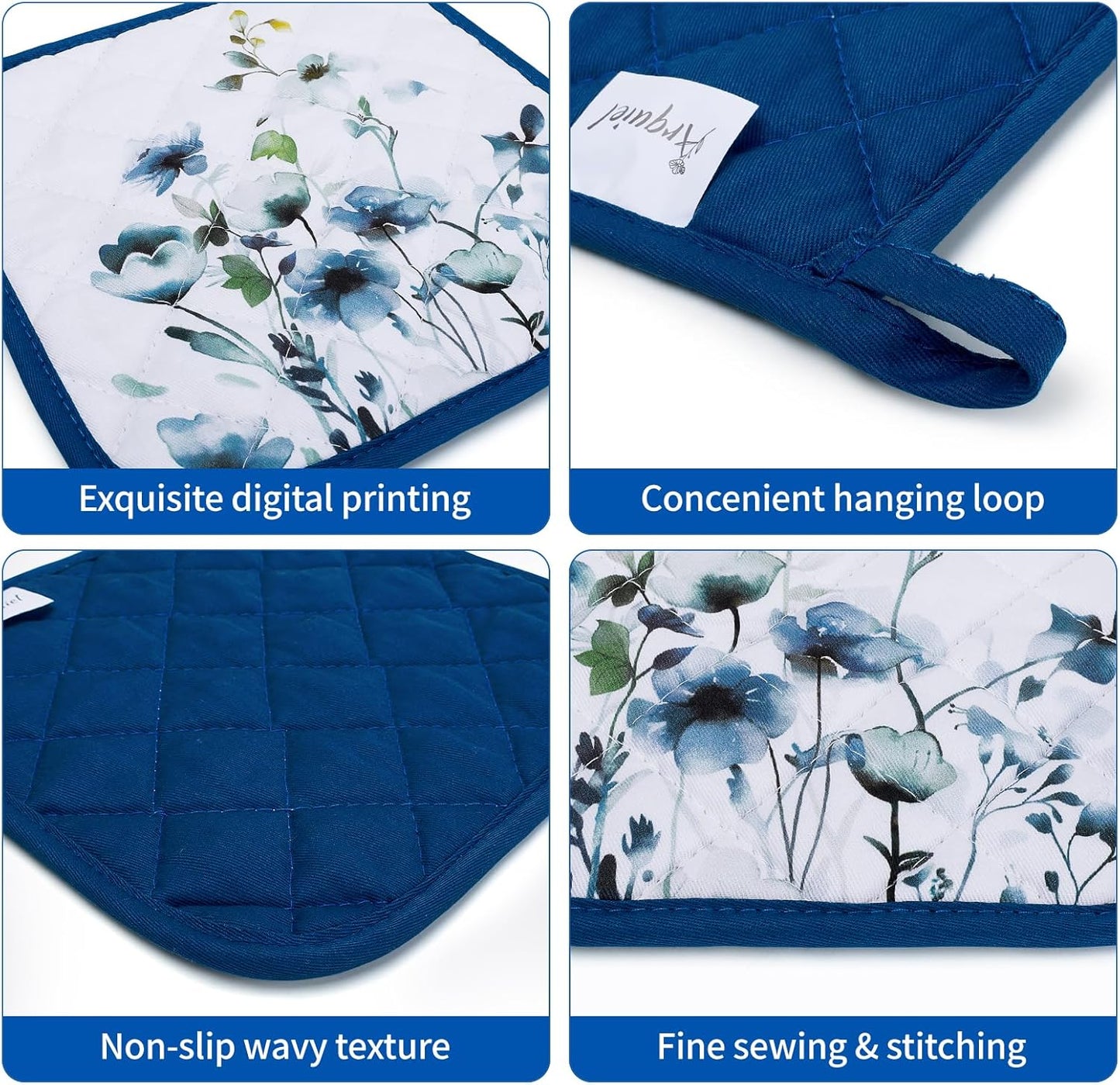 Blue Watercolor Flower Oven Mitts and Pot Holders Sets 4Pcs, 100% Cotton Heat Resistant, Extra Long Oven Gloves Potholder for Kitchen Cooking Baking Housewarming