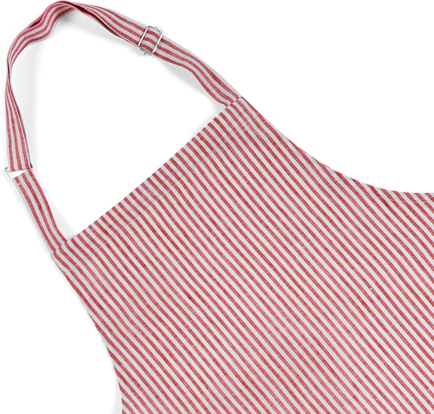 Solino Home 100% Pure Linen Apron for Women & Men - Red and White Stripe Full Midi Bib Apron, Adjustable Neck Strap with Center Pockets for Kitchen, Chef - Handcrafted from European Flax