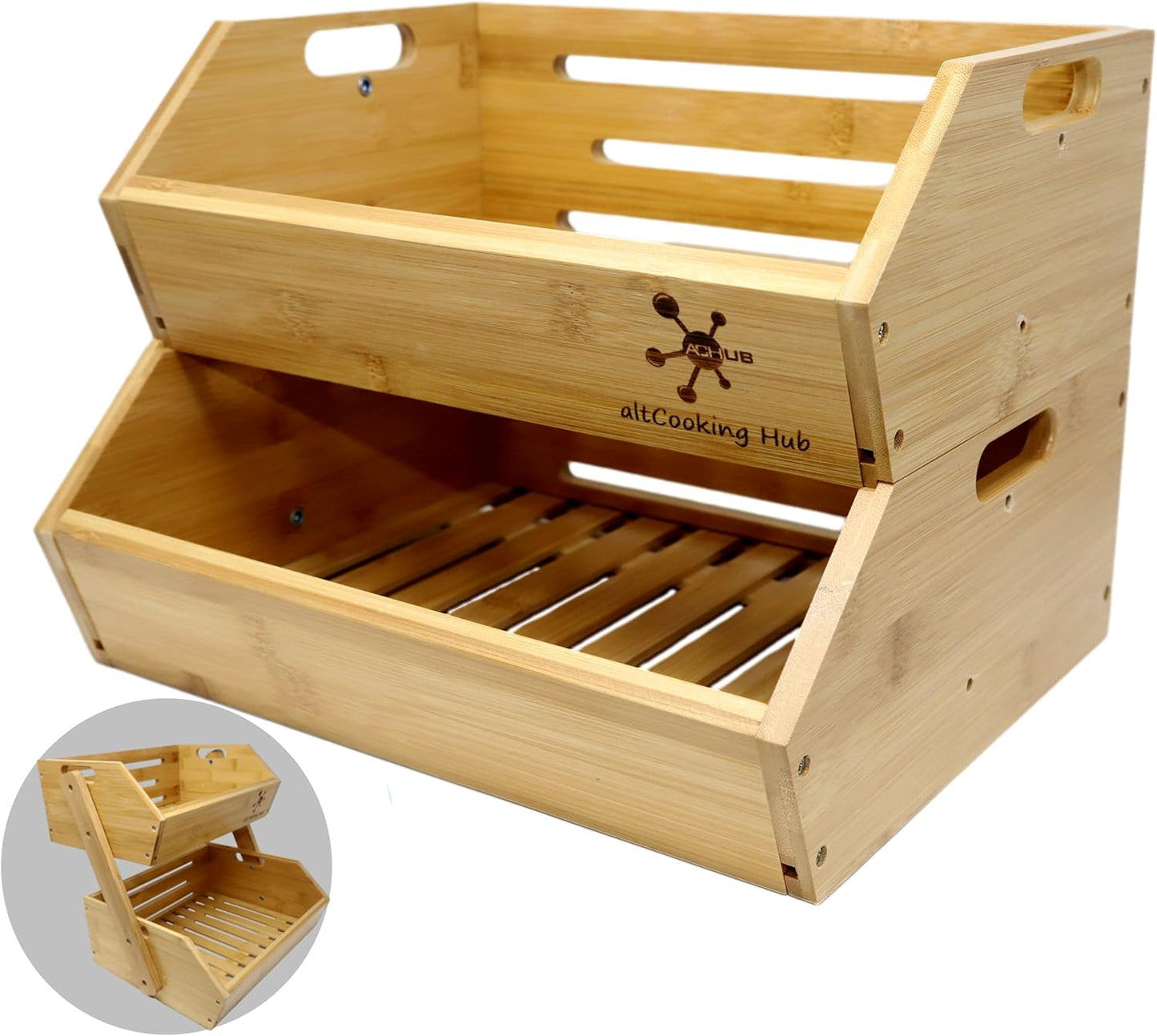 Bamboo Storage Bin - Multipurpose Open Front Stacking Bins for Kitchen & Pantry - Configurable as 2 Tier Bamboo Fruit Basket on Countertop – Ideal for Vegetables, Potato and Onion Storage Bin