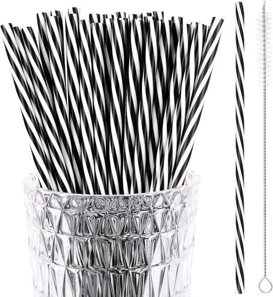 JANYUN 30 Pcs Halloween Straws Plastic, Reusable Black and White Striped 9 Inch Hard Plastic Drinking Straws with Cleaning Brush for Christmas Halloween Birthday Party Supplies Table Decorations