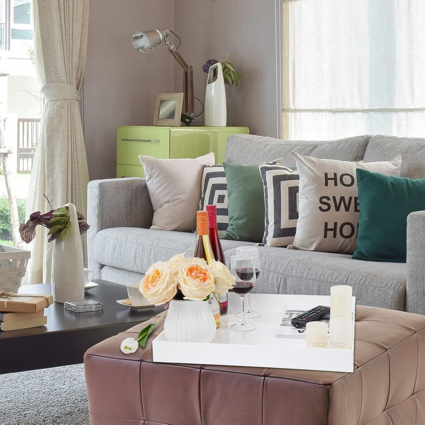 18×18 Inches Glossy White Acrylic Serving Tray with Handles Extra Large Ottoman Tray Decorative Trays Spill-Proof Coffee Table Space Saver Oversize Counter top Organizer Platter with Safe Edge