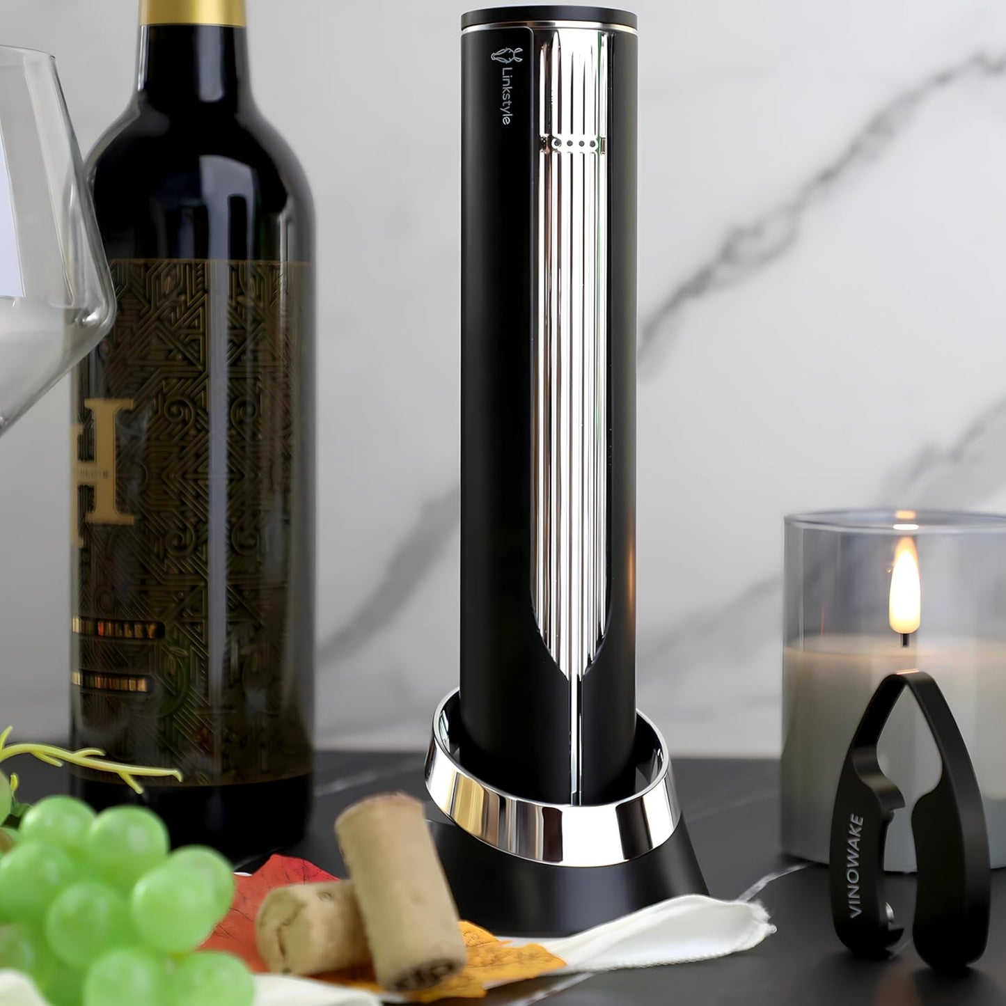VINOWAKE Openero Electric Wine Opener By LINKSTYLE — Rechargeable Battery with Charging Base, Precision Steel Foil Cutter, Luxurious Matte Finish
