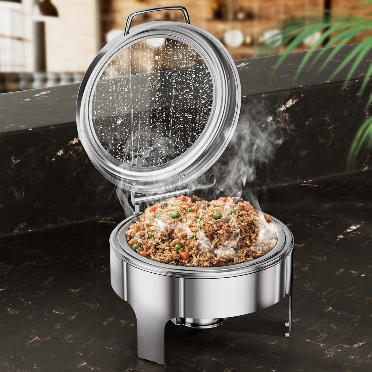 Chafing Dishes for Buffet, 6QT Round Stainless Steel Chafing Dish with Transparent Hydraulic Lid, 304 Food Pan, Buffet Warmer for Parties and Events (Silver)