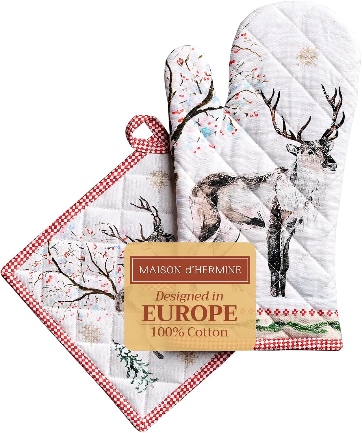 Maison d' Hermine 100% Cotton Oven Mitt & Pot Holder Set (7.5"x13" & 8"x8") Heat Resistant BBQ Cooking Gloves with Loop, Baking, Grilling, Kitchen, Handling Hot Pans (Rural Christmas)