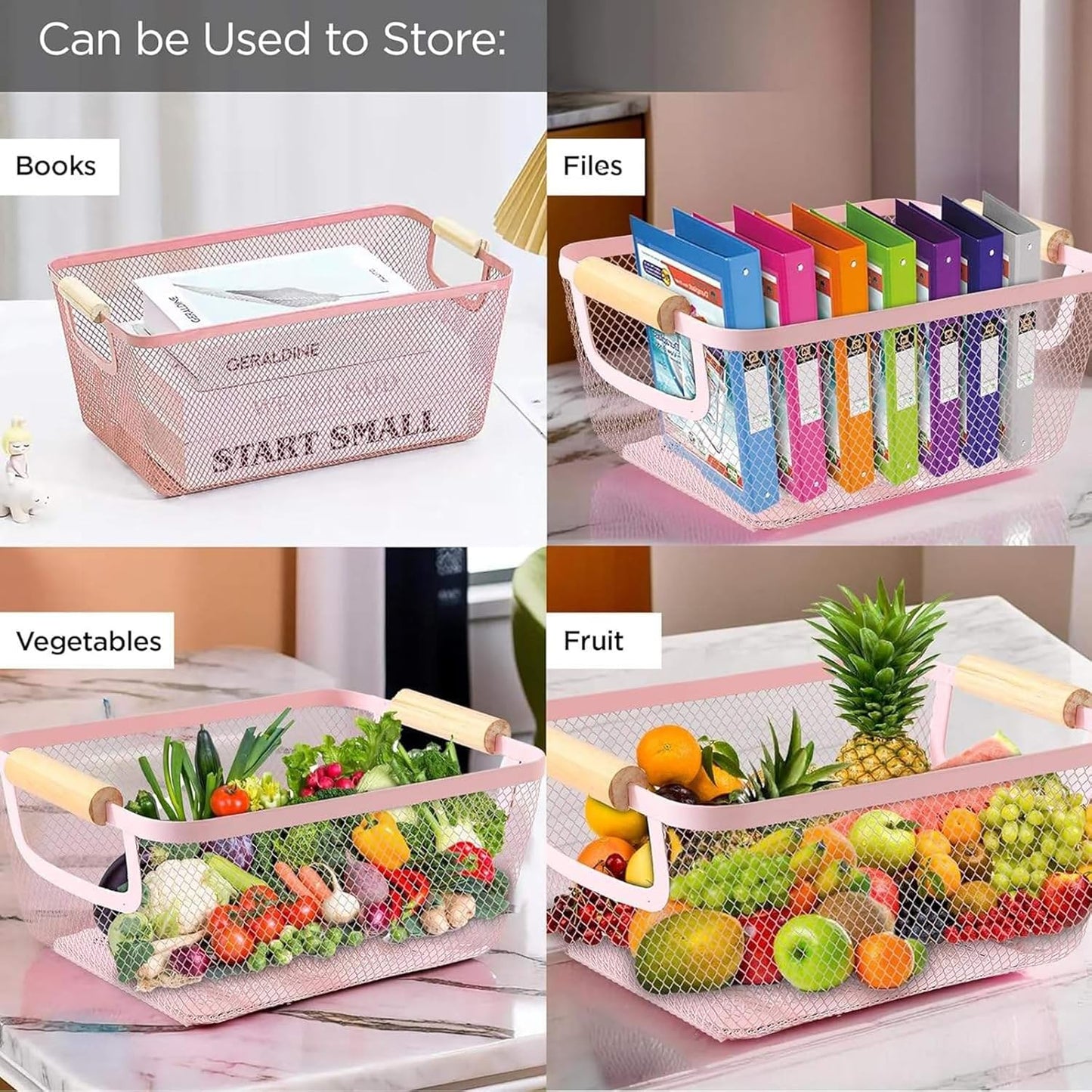 Metal Mesh Steel Basket, Large Wire Storage Organizer Basket Multi-function Hanging Kitchen Baskets with Wood Handle for Kitchen Bathroom Picnic Home, Rectangle-Pink