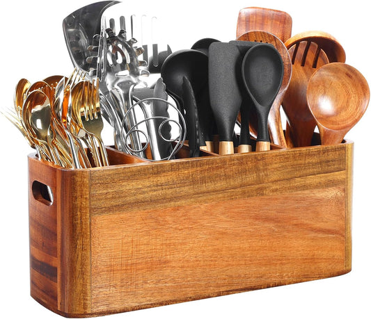 Kitchen Utensil Holder for Counter or Countertop, Extra Large Acacia Wood Organizer with 4 Compartments, Wooden Storage for Cooking and Silverware, Rustic Minimalist Decor, Sturdy Utensil Crock