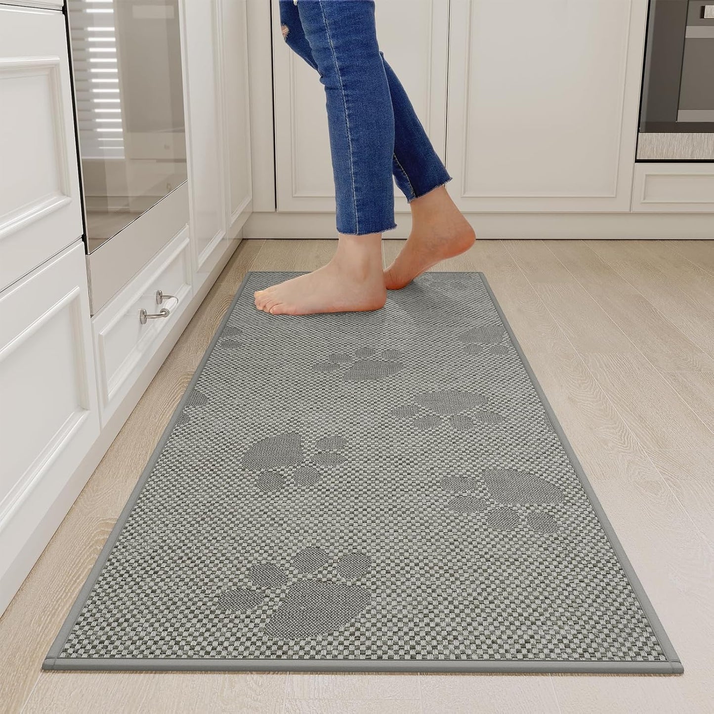 Kitchen Mats for Floor, Super Absorbent Kitchen Rugs Non Slip Washable, Rubber Backing Soft Woven Linen Embroidery Runner Rug, Standing Mat Kitchen Sink Mat, Easy to Clean, Gray 17x47