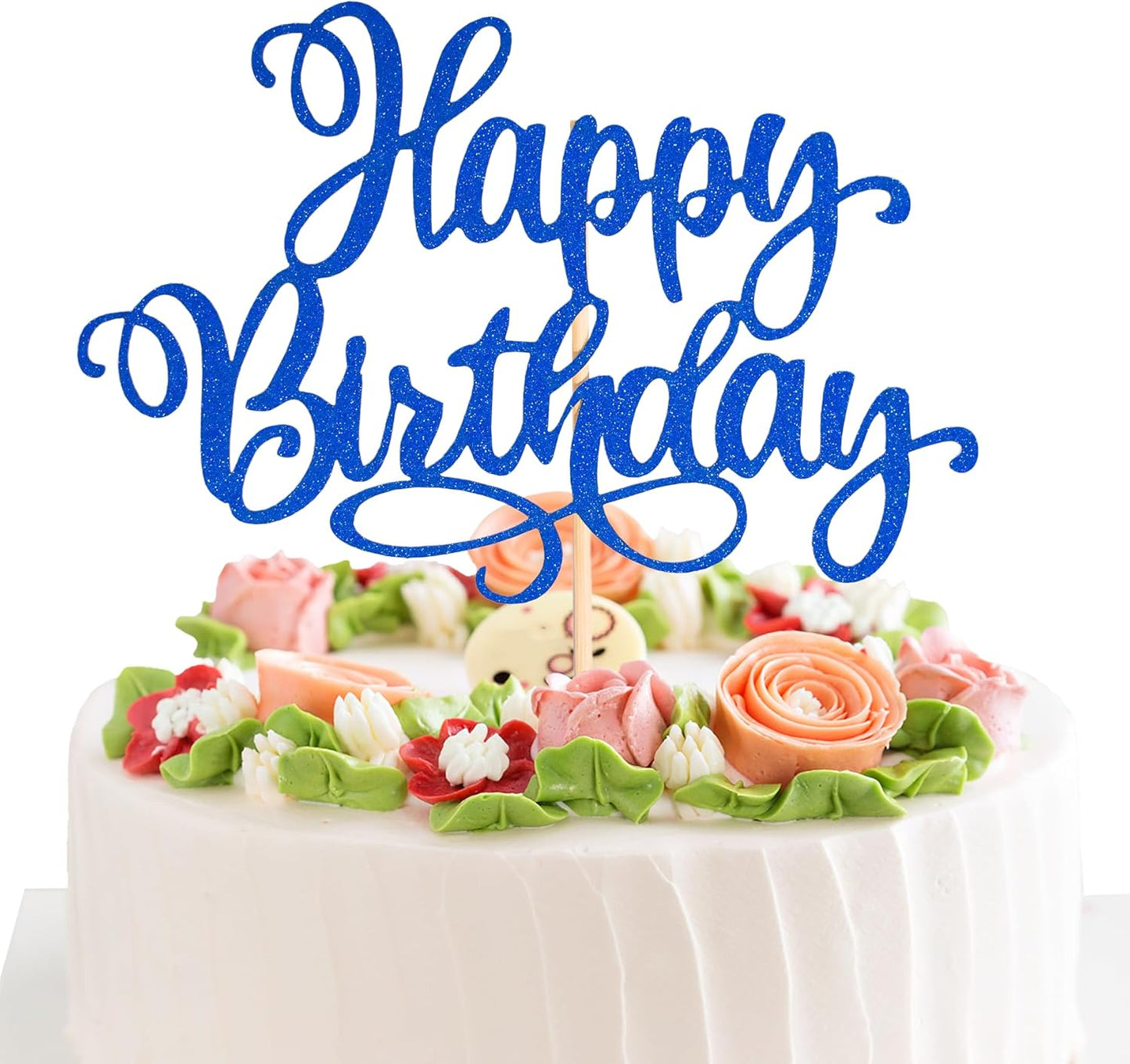 Happy Birthday Cake Toppers 9 Inch Glitter Happy Birthday Cake Pick for Birthday Anniversary Theme Party Cake Decorations Supplies - Dark Blue