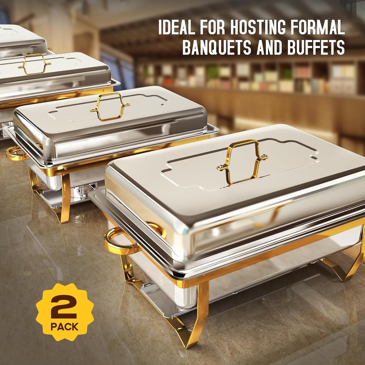 Chafing Dishes for Buffet 2 Pack, [Elegant Gold and Silver] Stainless Steel Chafing Dish Buffet Set, 9QT No-Finger Cut Roll Edge Chafers and Buffet Warmers Sets for Party (Gold Full Panx2)