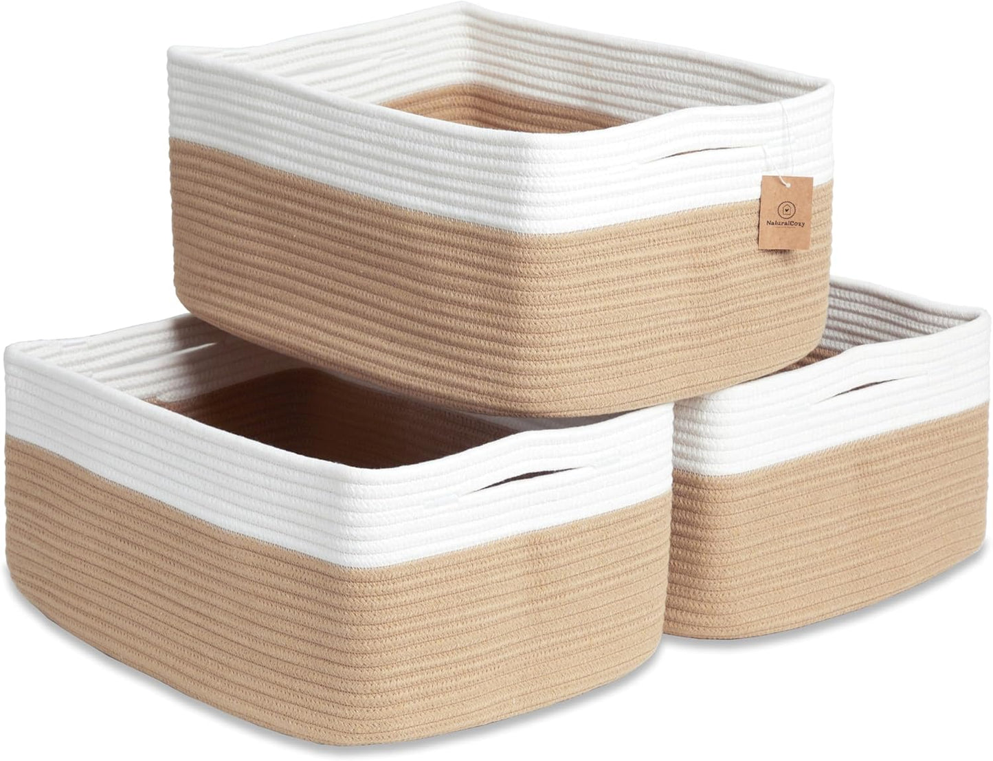 NaturalCozy Storage Baskets 16.8”x13”x7.6” Cotton Rope Woven Baskets for Organizing 3-Pack | Toy Storage Bins | Basket for Shelves, Laundry, Blanket, Clothes, Closet, Kitchen, Bathroom, Gifts