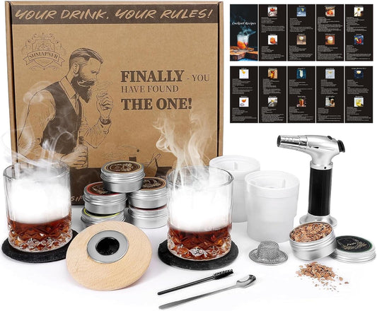 Whiskey Cocktail Smoker Kit with Torch, 6 Flavors Wood Chips, 2 Whiskey Glasses, 2 Ice Ball Molds, Bourbon Old Fashioned Drink Smoker Kit, Gifts for Men, Dad, Husband, Boyfriend(No Butane)