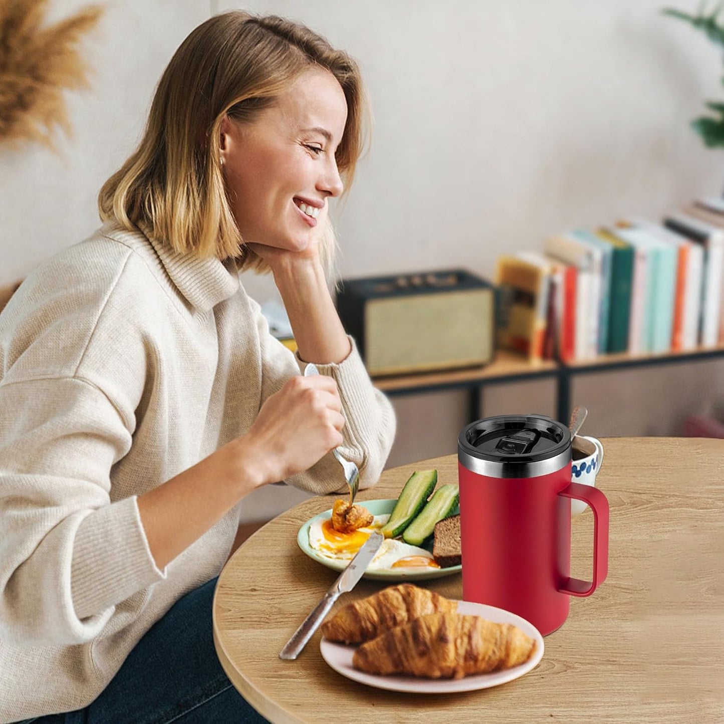 KXIAOCHEN 20oz Insulated Coffee Mug with Lid, Stainless Steel Coffee Cup, Double Wall Vacuum Coffee Tumbler with Handle, Premium Thermal Travel Coffee Mug (Red Emerald 2Pack)