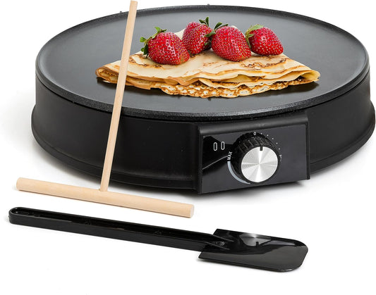 Moss & Stone 12 Inch Electric Griddle & Crepe Maker Machine. Electric Crepe Maker with Adjustable Temperature for Blintzes Pancakes & Tortilla, Non-Stick Crepe Pan & Batter Spreader & Spatula