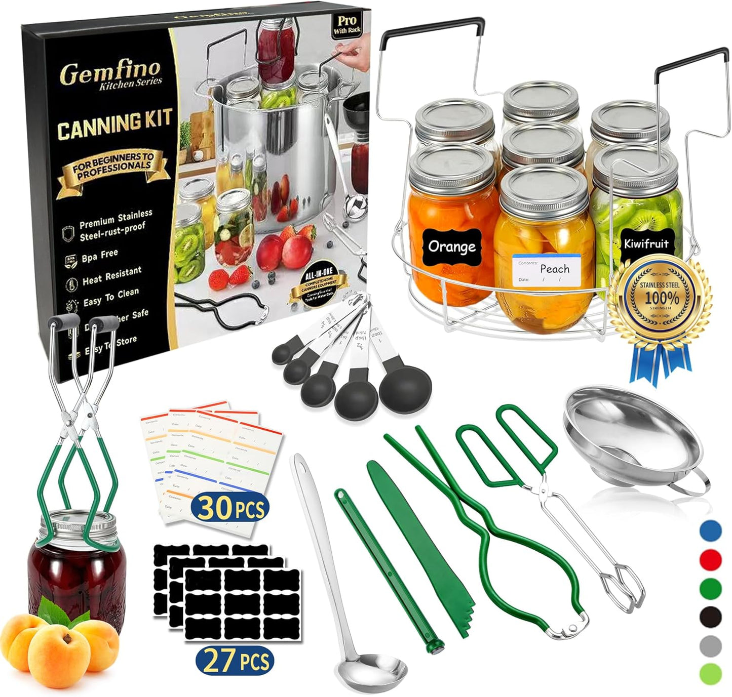 Canning Supplies Starter Kit,Canning Kit for Beginners of 11 with Rack, Jar Lifter，Funnel,Wrench,Tongs,Lid Lifter,Bubble Popper,Labels,ladle,Measuring Spoon-Deep Green