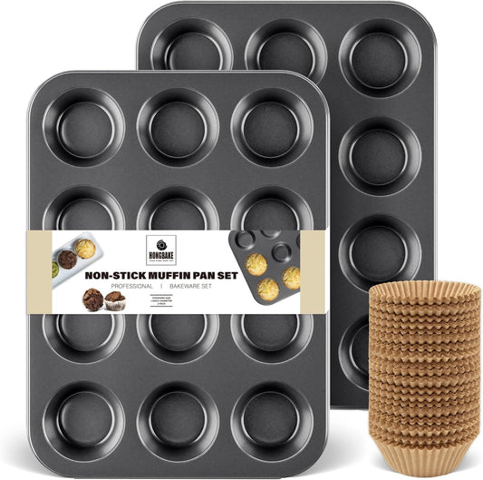 HONGBAKE Muffin Pan with 500 Cupcake Liners, Nonstick Cup Cake Tin for Baking,Premium 12 Cup Cheesecake Trays - Dark Grey