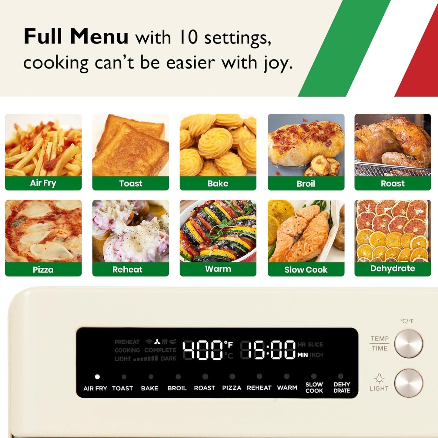 Air Fryer Toaster Oven Combo 10-in-1 Countertop Oven with Graphene Heating and True Convection, Non-Toxic Enamel Interior, Bake 12" Pizza, 6 Slices Toast, with Enamel Baking Pan Easy Clean