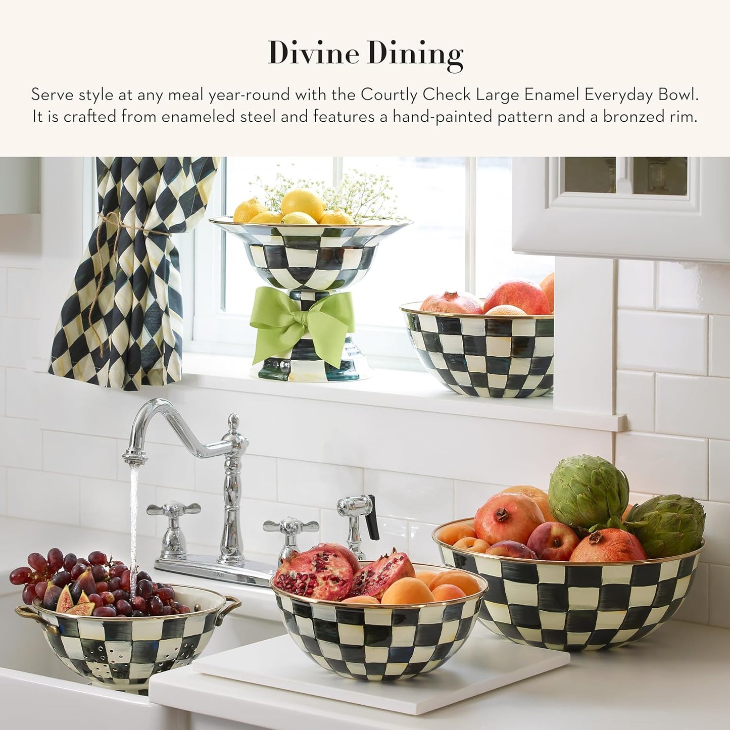 MACKENZIE-CHILDS Enamel Everyday Bowl, Serving Bowl for Entertaining, Large, Black-and-White Courtly Check, Set of 1