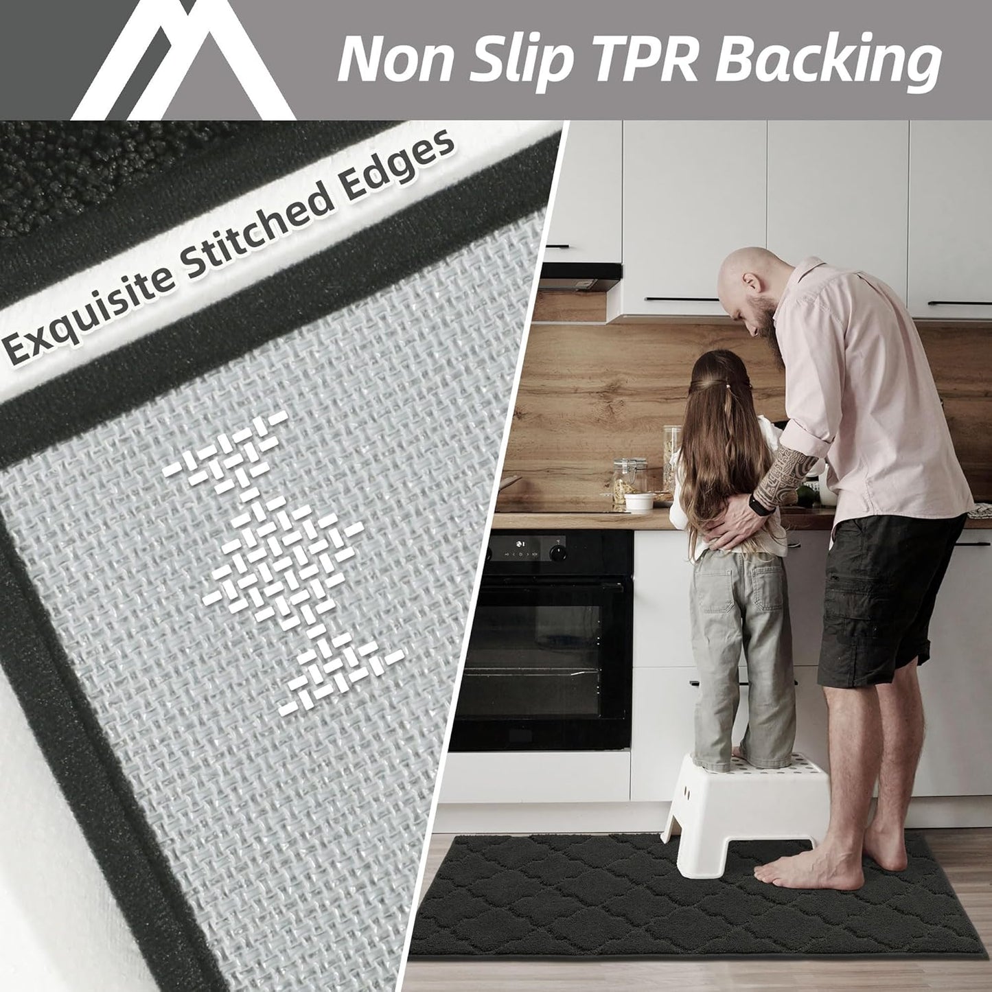 COSY HOMEER Soft Kitchen Rugs [2 PCS] for in Front of Sink Super Absorbent Kitchen Floor Mats and Mats 24x35 Inch/24X60 Non-Skid Kitchen Mat Standing Mat Washable,Polyester,Black