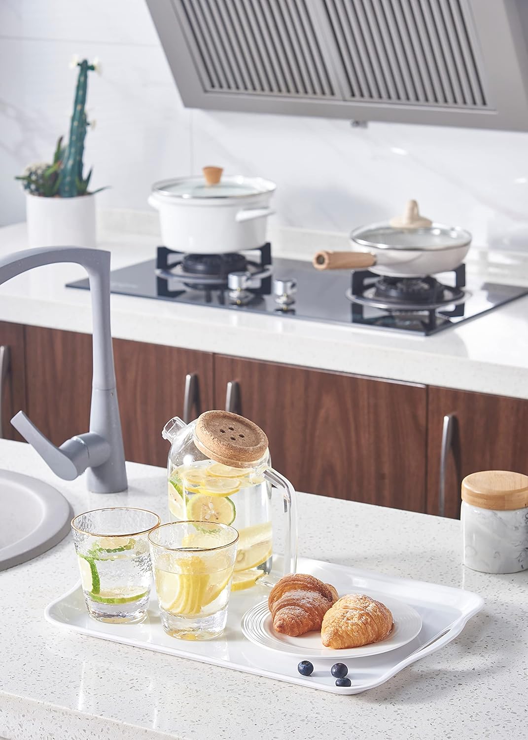 Blue Boat 16.5" x 11.5" Serving Trays Set of 2 White, Dinner Tray, Light Weight Easy to Clean Sturdy Stackable Melamine Serving Tray with Handle, Fruit, Snacks, and Desserts Trays