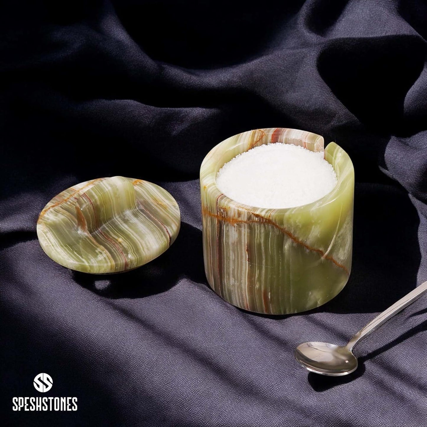 Marble Salt Cellar with Lid and Spoon 4 Inch Handmade Green Small Seasoning Containers - Decorative Spice Jars, Sugar Bowl & Flaky Salt Dish for Kitchen Countertop Storage