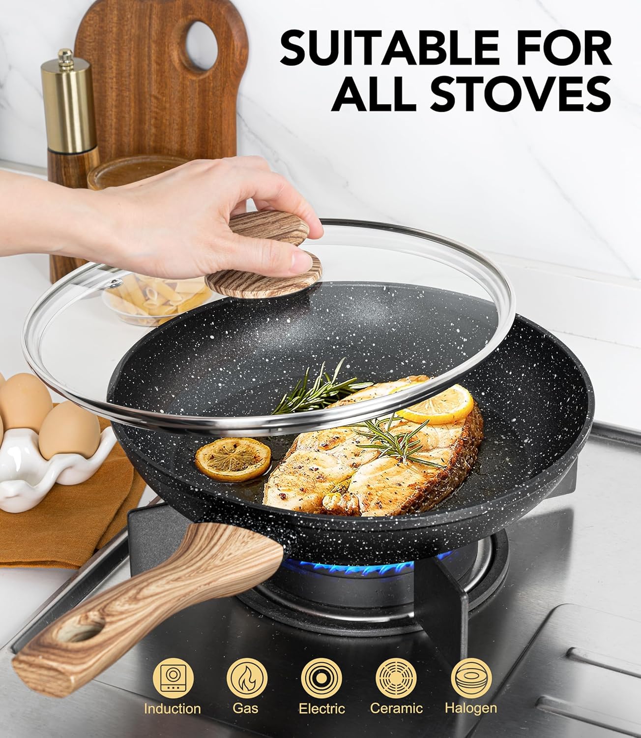 MICHELANGELO Non Stick Frying Pans - 12 Inch Nonstick Frying Pan with Glass Lid, Large Stone Fry Pan with Ergonomic Handle, Induction Compatible, Black