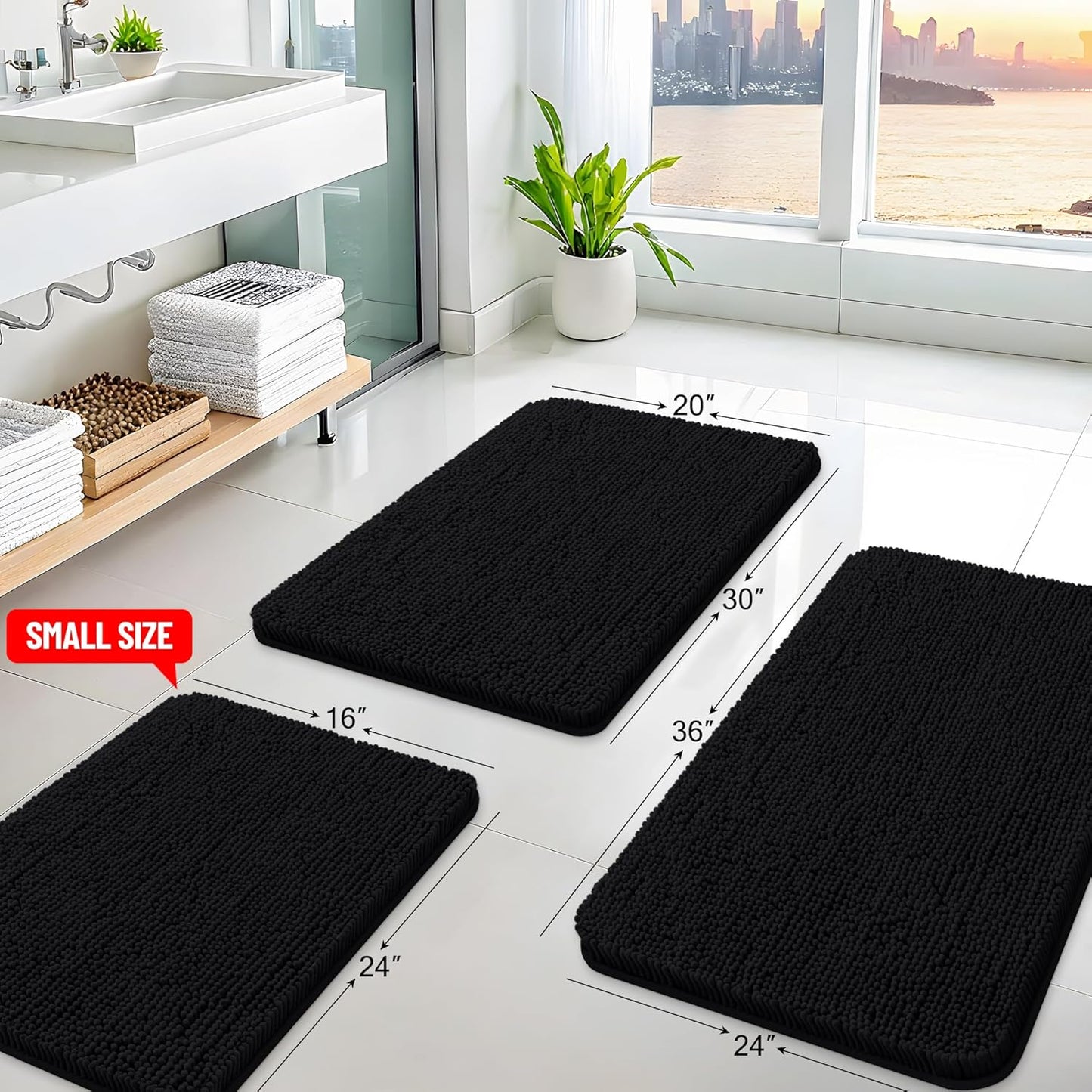 Arotive Bathroom Rugs 59x24, Extra Soft Absorbent Shaggy Chenille Bath Rugs, Machine Washable Rubber Backing Non-Slip Bath Mats for Bathroom Floor Tub and Shower, Home Decor Accessories, Black